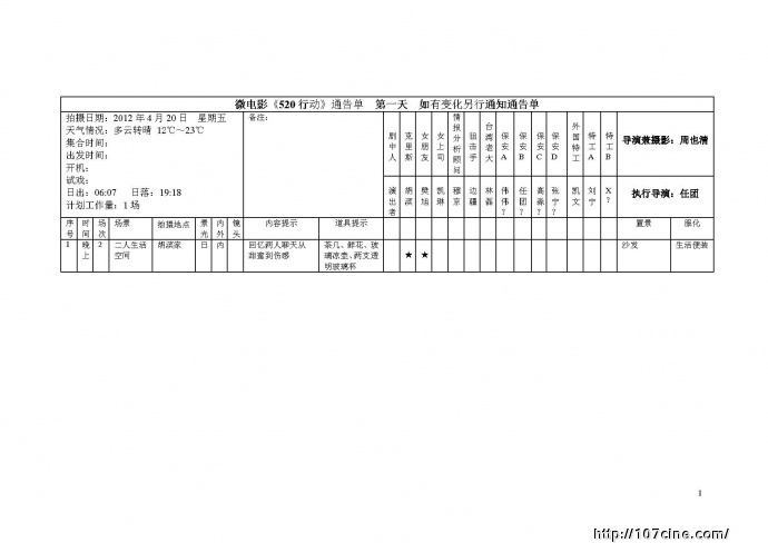 微电影《520行动》工作台本&通告单&美术道具表【分享】