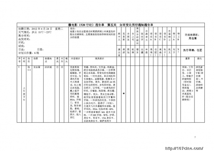 微电影《520行动》工作台本&通告单&美术道具表【分享】