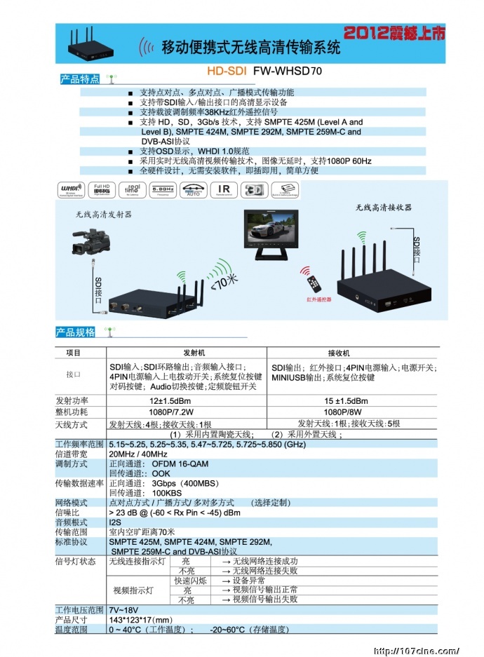 富威德FW-WHSD70高清HD-SDI影音传输器 可无线连接HD-SDI监视器 可应用与 艾丽莎 F3\\EPIC\\SCARLET斯嘉丽\\AELXA\\C300